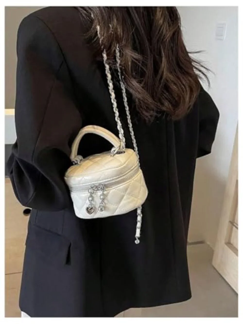 Quilted Zipper Crossbody Top Handle Mini Bucket Bag Faux Leather Satchel Purse